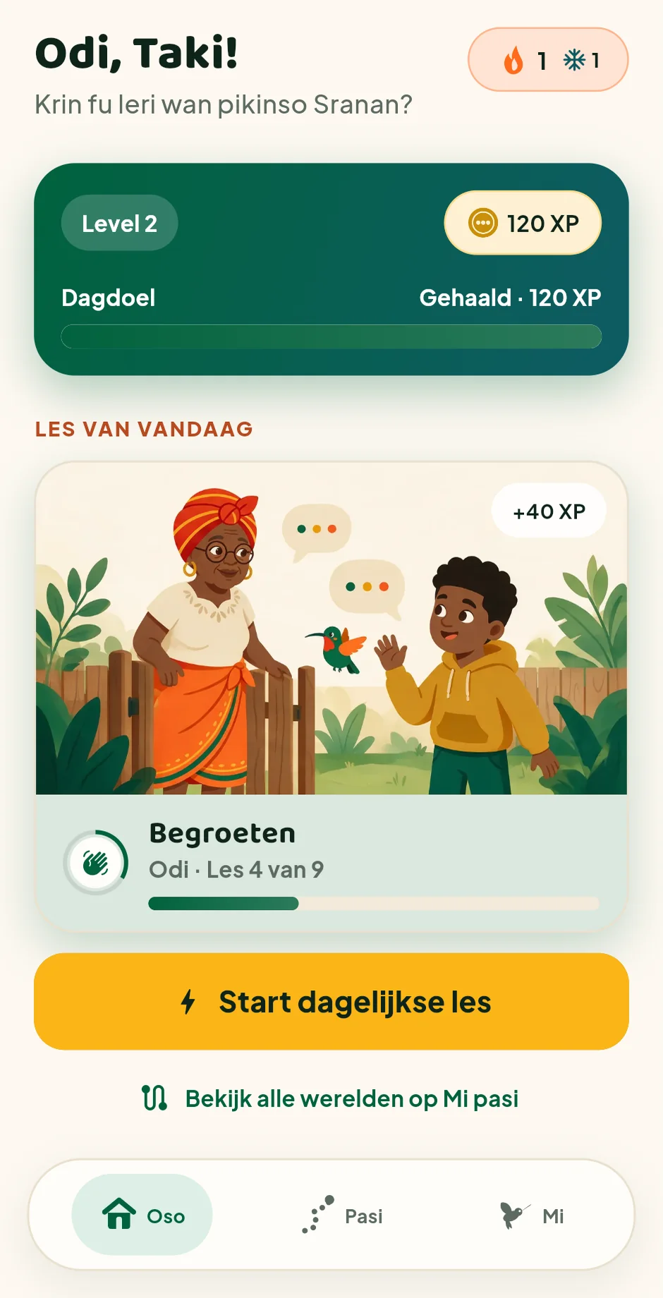 Oso-startscherm met dagdoel en les van vandaag
