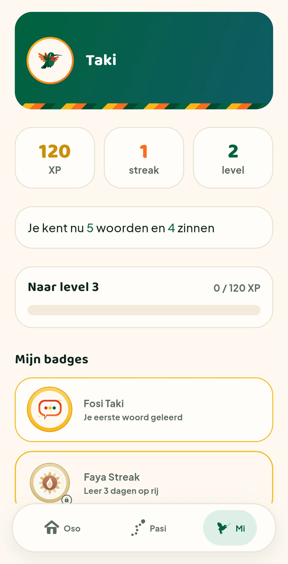 Voortgangsscherm met XP, badges en streaks